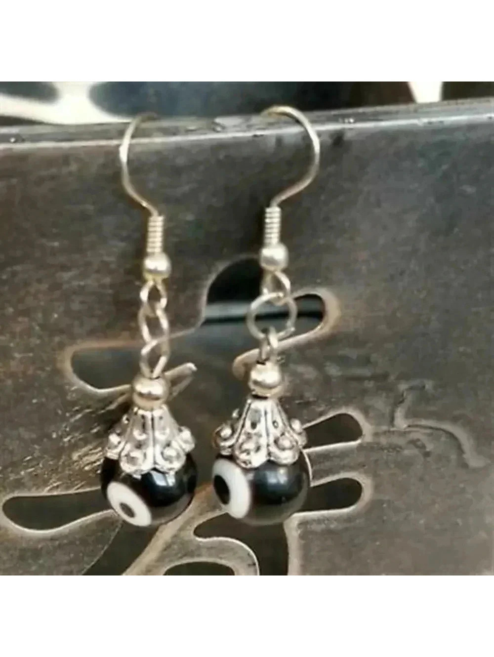 Artisan Evil Eye Black Lampwork Glass Beads Protective Talisman Drop Earrings